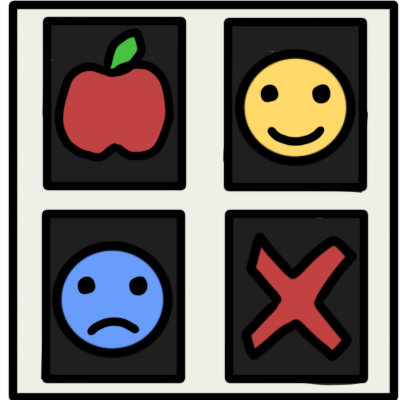 a very light grey squareish rectangle with four smaller black rectangles in it. each smaller rectangle has a symbol - a red apple a yellow happy face, a blue sad face, and a red 'X'.